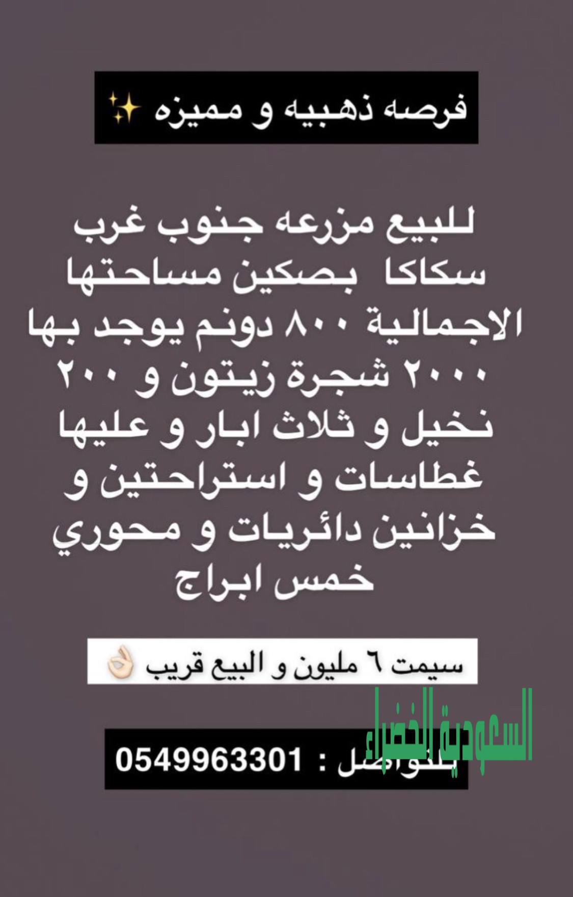للبيع مزرعة زيتون بسكاكا